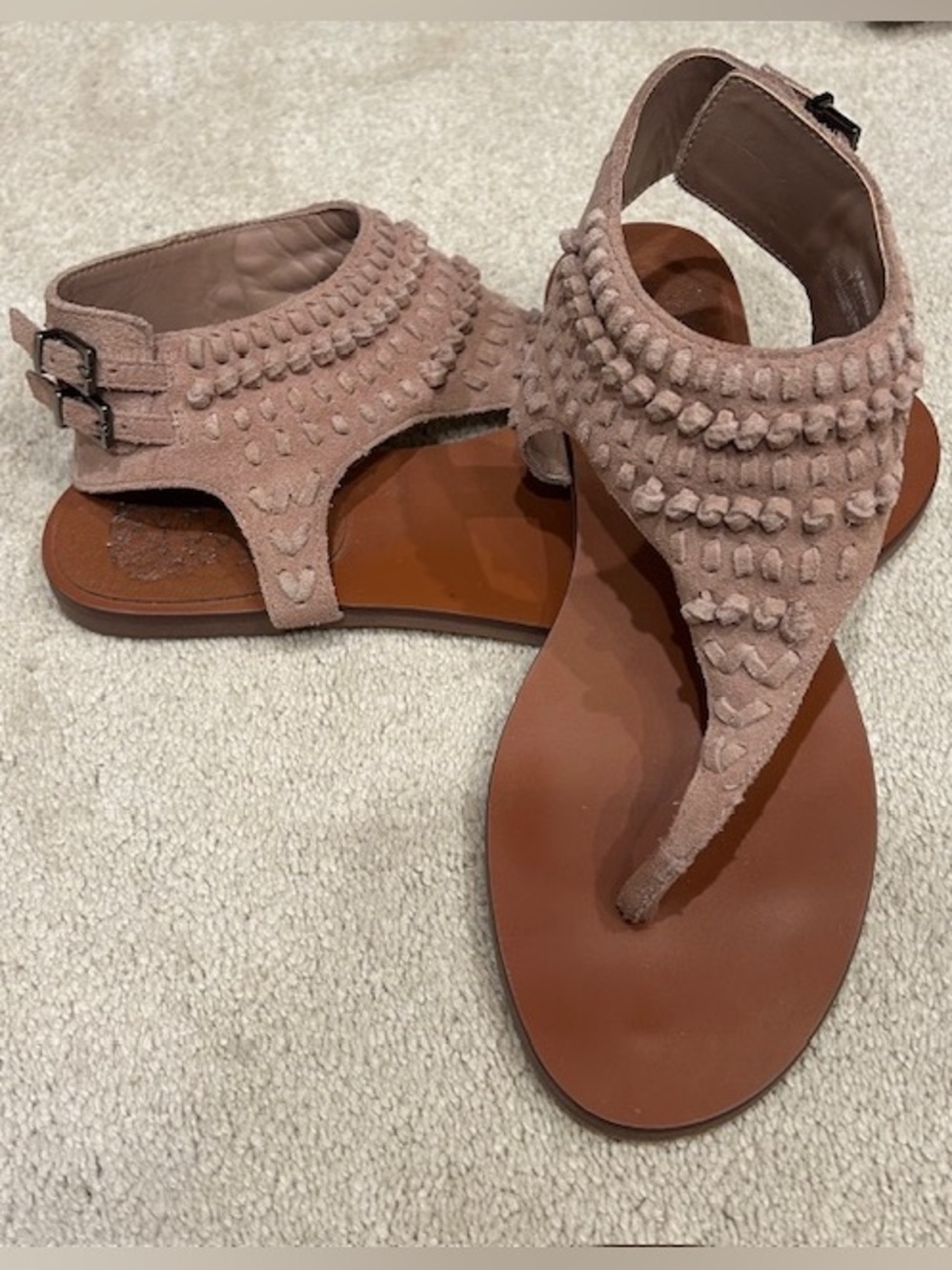 Vince Camuto Suede T-Strap Sandals in Blush Pink